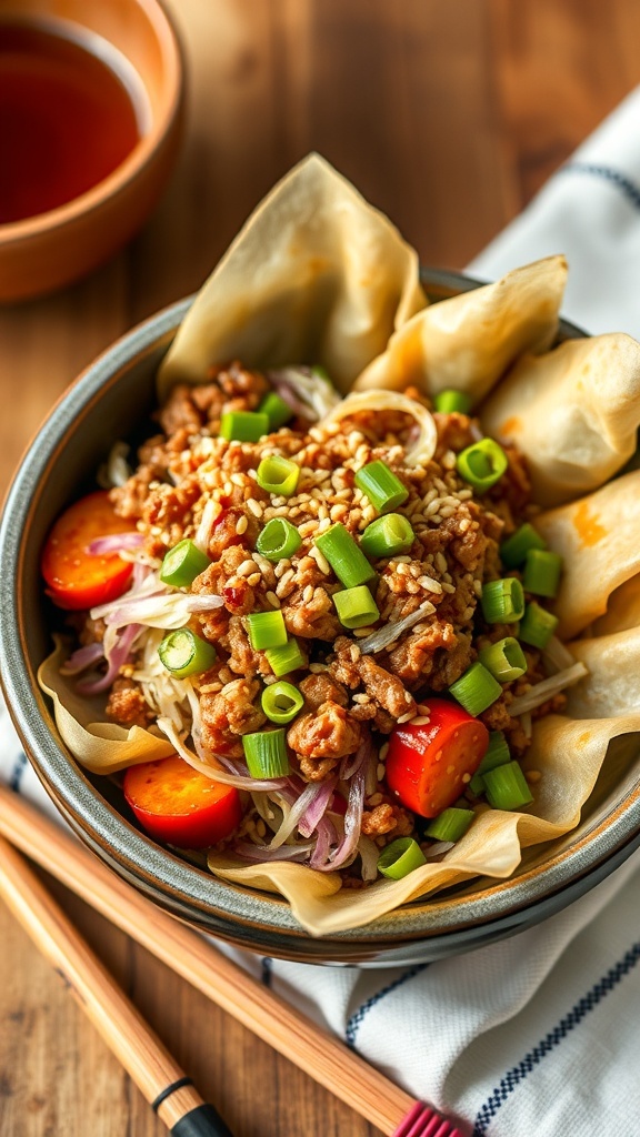A bowl of egg roll in a bowl with ground pork, cabbage, and green onions, garnished with sesame seeds on a wooden table.